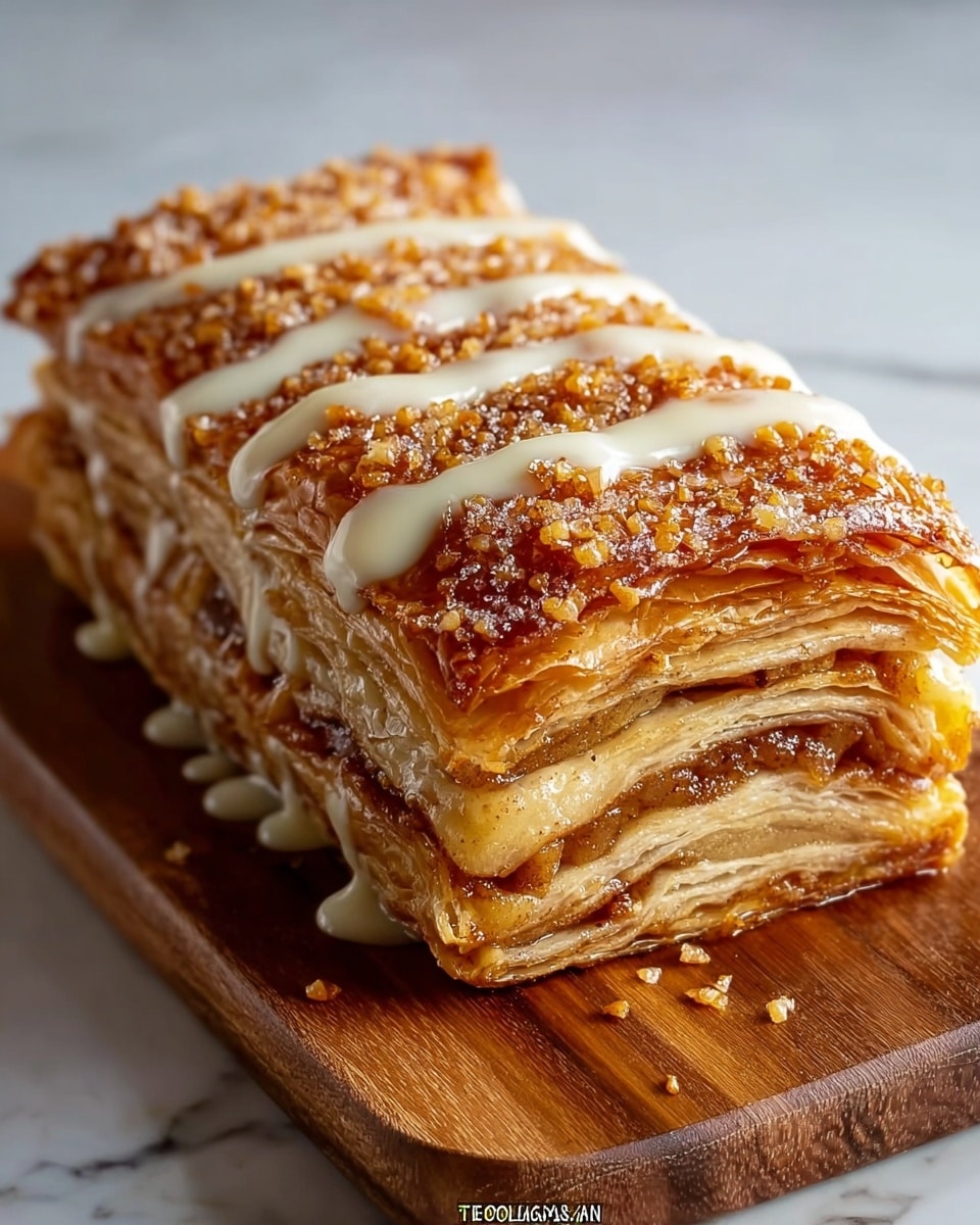 A golden brown pastry with a crispy, flaky top layer sprinkled with crunchy sugar crystals, drizzled with smooth white icing that runs down the sides. Multiple layers of thin, soft dough with a slightly caramelized middle filled with a spiced apple mixture are visible. The pastry is placed on a wooden board, set on a white marbled surface. The texture looks crunchy on top and soft inside, showing a juicy filling between the layers. Photo taken with an iphone --ar 4:5 --v 7