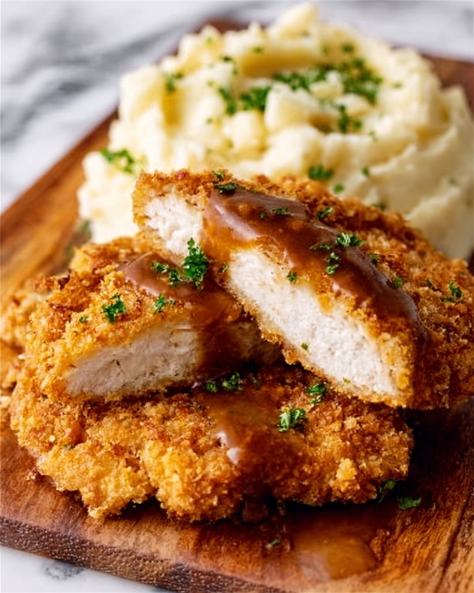 The image shows two thick, crispy fried chicken cutlets on a wooden board with golden brown crunchy breading. One cutlet is cut in half, revealing juicy white meat inside. Both cutlets have smooth brown gravy poured on top, adding a glossy texture. In the background, there is a large scoop of creamy mashed potatoes with small green parsley pieces sprinkled on top. The whole scene is set on a white marbled surface. Photo taken with an iphone --ar 4:5 --v 7