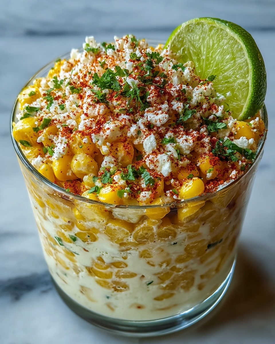 A clear glass cup is filled with three visible layers of a yellow, creamy corn salad. The bottom layer appears smooth and creamy with some corn pieces visible through the glass. The middle layer is a mix of creamy white sauce and yellow corn kernels. The top layer is thick with whole bright yellow corn kernels. It is sprinkled generously with white crumbled cheese, green chopped herbs, and a red chili powder dusting. In the blurred background, a lime cut in half is visible on a white marbled surface. photo taken with an iphone --ar 4:5 --v 7