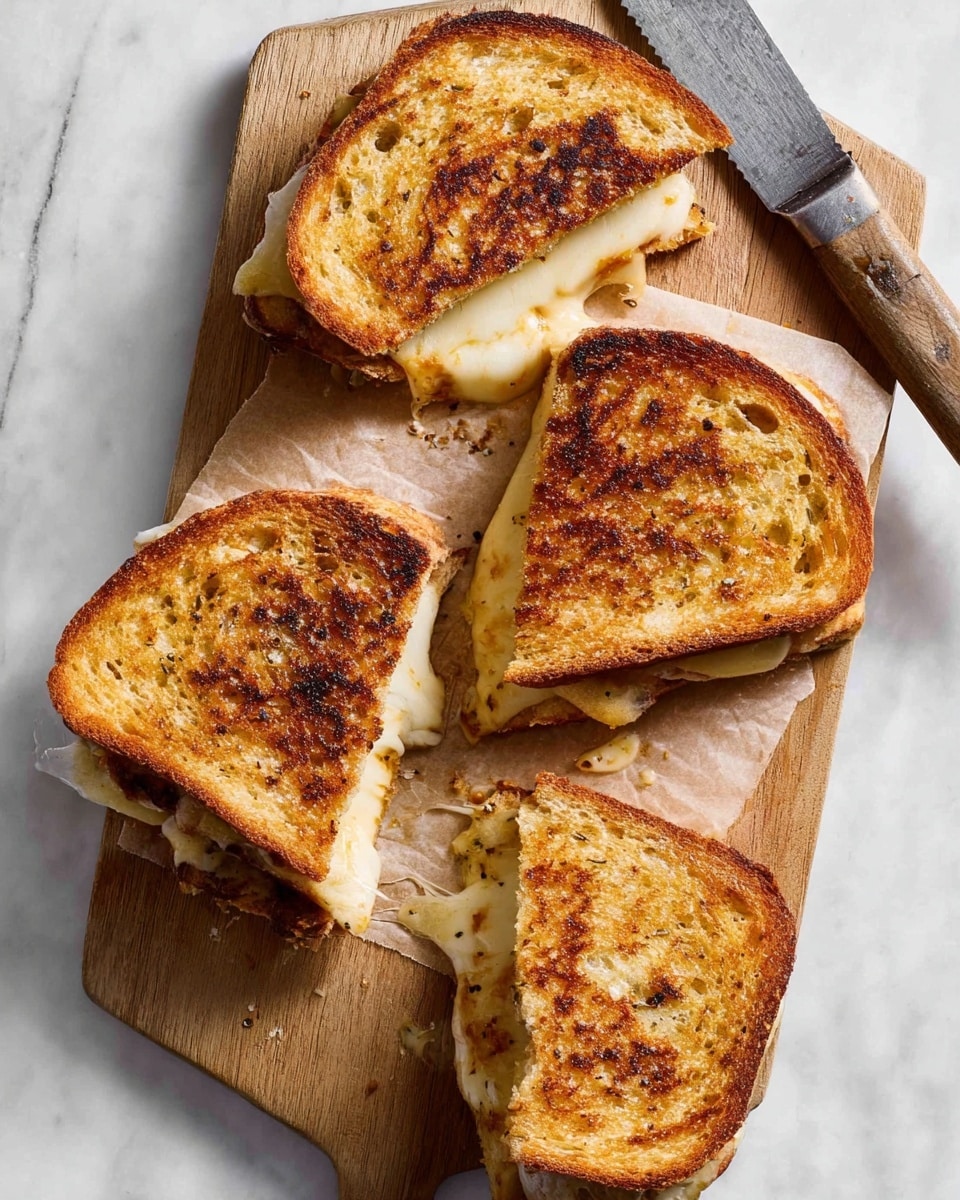 The image shows four pieces of grilled cheese sandwiches on a white marbled surface, arranged on a wooden cutting board with a piece of brown parchment paper underneath. Each sandwich has two golden-brown toasted bread slices with visible crisp edges and small darker spots, suggesting a well-cooked texture. Between the slices, melted cheese is oozing out slightly, with creamy white to pale yellow colors. One piece is cut in half, displaying the gooey cheese inside. A knife with a wooden handle and a grey metal blade lies at the top edge of the cutting board. Photo taken with an iphone --ar 4:5 --v 7