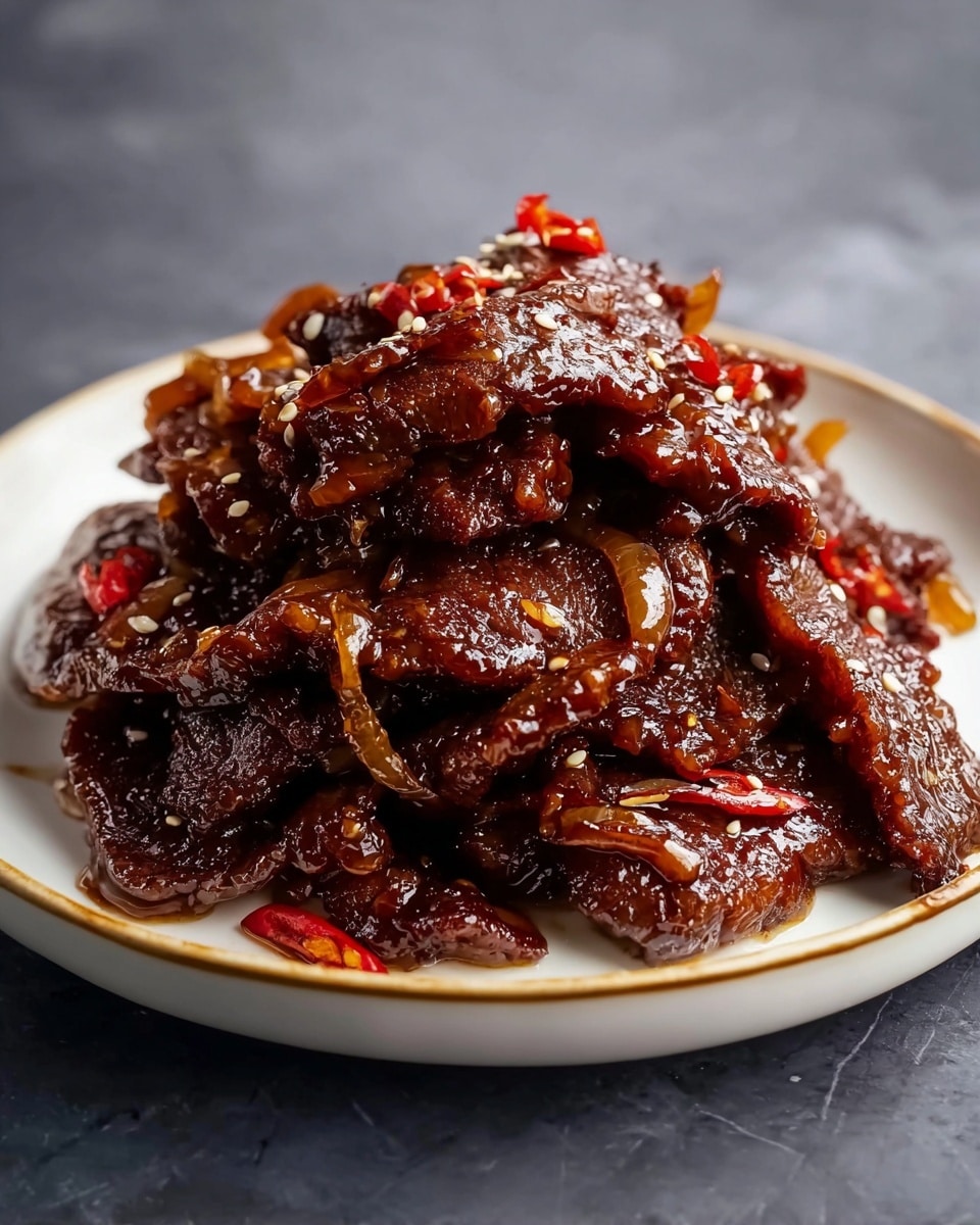 A pile of glossy dark brown beef slices coated in a thick shiny sauce sits on a white plate with a thin gold rim; the beef pieces have a textured surface with visible folds and some pieces are garnished with thin red chili slices and small white sesame seeds scattered on top, the plate is placed on a white marbled surface, creating a rich and appetizing look. photo taken with an iphone --ar 4:5 --v 7