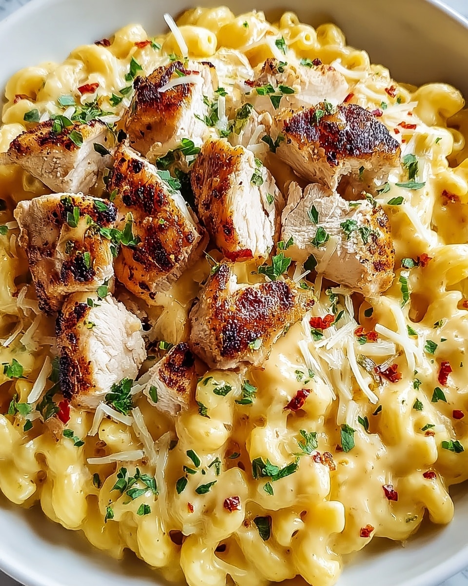 A close-up showing a plate of creamy macaroni pasta as the base layer, with a smooth, yellow cheese sauce coating each pasta piece. On top, there are pieces of grilled chicken with a light brown grill mark texture and white inside. The chicken pieces are scattered evenly, sprinkled with finely chopped fresh green herbs. Thin strands of shredded white cheese are melted slightly over the chicken and pasta, with small red chili flakes adding a touch of color across the top. The dish rests on a white plate, set against a white marbled surface. Photo taken with an iphone --ar 4:5 --v 7
