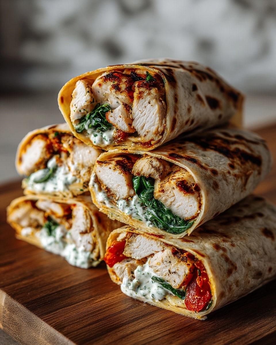 The image shows four cut pieces of a wrap stacked closely on a wooden board. Each wrap has three main visible layers: the outer layer is a light brown, toasted tortilla with dark grill marks; inside there is a thick layer of white grilled chicken pieces with a slightly crispy edge, next to fresh dark green leafy spinach and some reddish cooked tomatoes; a creamy white sauce with green herb bits is spread inside, peeking out near the edges. The background is softly blurred with a white marbled texture. photo taken with an iphone --ar 4:5 --v 7
