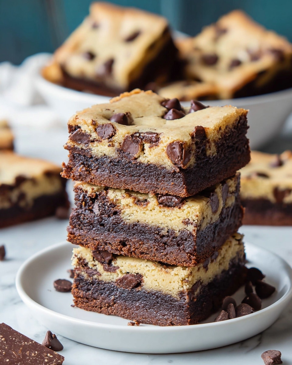 A stack of four thick, square layered dessert bars sits on a white plate placed on a white marbled surface. Each bar has two distinct layers: a dense, dark brown chocolate brownie base and a lighter golden cookie dough top embedded with glossy dark chocolate chips. The top layer is slightly textured with melted chocolate spots. Scattered chocolate chips and small broken pieces of the dessert lie around the plate. In the background, more bars are placed inside a white bowl, slightly out of focus. Photo taken with an iphone --ar 4:5 --v 7
