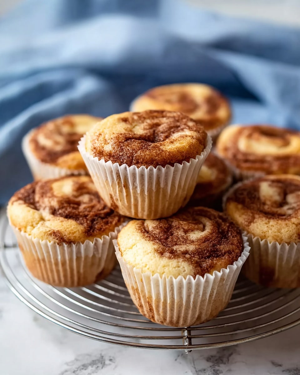 A group of six cinnamon swirl muffins arranged on a round silver wire cooling rack placed on a white marbled surface. Each muffin has one layer with a light golden-brown color and a slightly textured top. The swirls on the muffins are darker brown cinnamon patches mixed in, creating a marbled effect across the smooth risen tops. The muffins are wrapped in white paper liners that have slight wrinkles and creases. In the background, a soft blue cloth adds a simple, soft touch with gentle folds but remains blurred. photo taken with an iphone --ar 4:5 --v 7