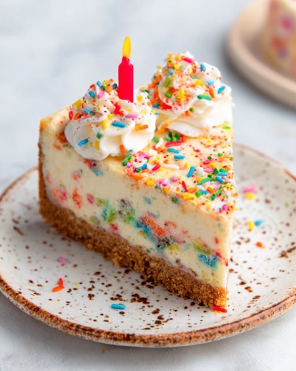 A single slice of colorful birthday cake with white frosting covered in sprinkles sits on a stack of three white plates. The cake has three layers: a bottom brown crumb crust, a thick middle layer of creamy white cake flecked with rainbow sprinkles, and a top layer of smooth white frosting with more colorful sprinkles. A single pink birthday candle stands in the center of the slice. The scene is set on a white marbled surface with very soft light in the background. Photo taken with an iphone --ar 4:5 --v 7