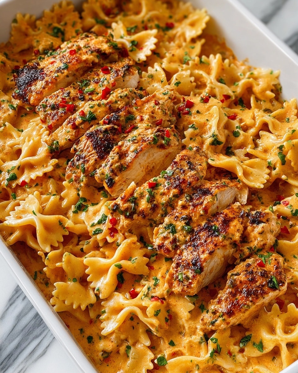 A white plate holds a pasta dish with a layer of creamy orange sauce-coated farfalle pasta spread evenly at the bottom. On top, there are several pieces of thick, browned grilled chicken slices arranged in a slight pile, sprinkled with green herbs and red chili flakes. A silver fork rests partially under the pasta on the left side of the plate, which sits on a folded dark grey cloth napkin. In the background, the scene shows a small glass bowl filled with chopped green herbs placed on a white marbled surface. photo taken with an iphone --ar 4:5 --v 7