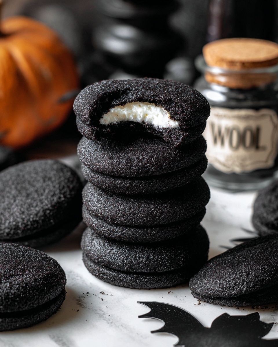 A stack of five black, soft cookies is shown on a white marbled surface, with the top cookie having a bite taken out, revealing a layer of white creamy filling inside. Surrounding the stack are more black cookies scattered around. In the background, there is a small glass jar with a cork lid and a label that reads “WOOL,” and some dark, blurry shapes including a pumpkin and a candlestick. Small, black, bat and cat Halloween cutouts lie on the surface near the cookies. photo taken with an iphone --ar 4:5 --v 7
