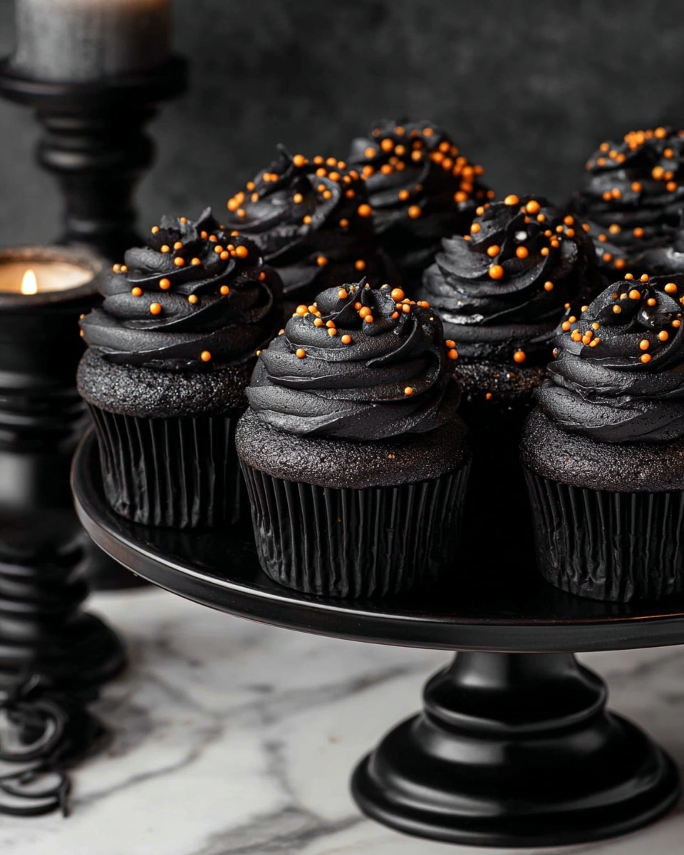 The image shows a close-up of several dark chocolate cupcakes arranged tightly on a round black wooden stand. Each cupcake has one large swirl of rich, glossy, very dark chocolate frosting falling in soft peaks and sprinkled with tiny spherical gold and white edible beads. The cupcakes are wrapped in black ridged liners, emphasizing the deep chocolate tone. The background is blurred and dark, making the cupcakes stand out as the main focus. Photo taken with an iphone --ar 4:5 --v 7
