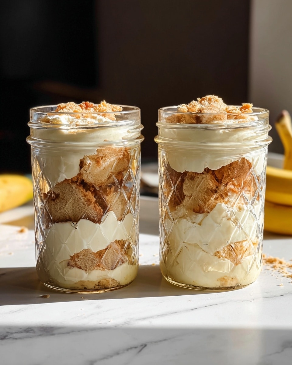 Two clear glass jars hold creamy layered desserts placed on a white marbled surface. Each jar contains about four layers: a smooth light yellow custard or cream base, small soft chunks of light beige cookies or biscuits scattered inside, more creamy layers mixed with crushed cookie pieces, and a final dollop of cream on top. One jar has a long golden spoon sticking out, while the other is only partially visible. In the background, a yellow banana rests on the white marbled surface, with a dark backdrop behind it. Photo taken with an iphone --ar 4:5 --v 7