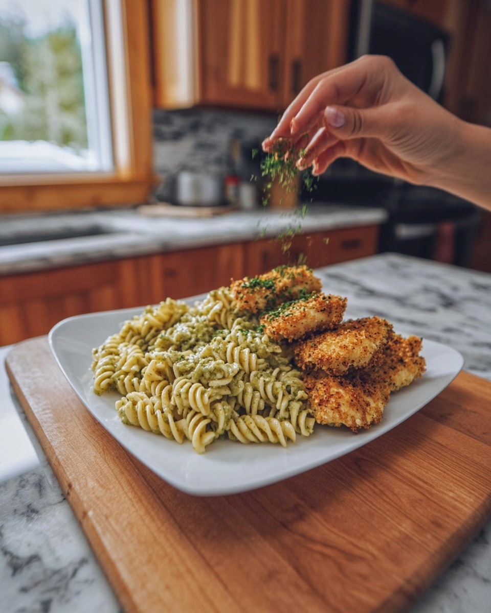 A white square plate sits on a wooden cutting board, placed on a white marbled countertop. On the plate, there are two main layers: a creamy pesto rotini pasta covering most of the plate with a pale green color and creamy texture, and four golden-brown, crispy breaded chicken pieces arranged in a line on one side of the plate. Above the dish, a woman's hand sprinkles bright green herbs over the meal, adding a fresh touch. The kitchen background is slightly blurred with wood cabinets and a window letting in natural light. Photo taken with an iphone --ar 4:5 --v 7