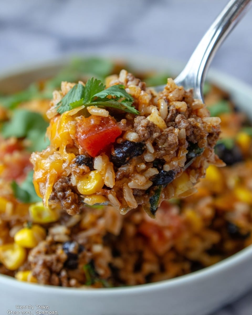 A close-up image of a spoonful of mixed rice, ground beef, and black beans lifted above a bowl filled with the same mixture. The dish has visible layers and colors: light brown rice grains, browned ground beef, black beans, yellow corn kernels, and small chunks of red tomatoes mixed throughout. Fresh green herbs or cilantro leaves sit scattered on top, adding a bright touch. The bowl is white and rests on a white marbled surface. The texture looks soft and hearty, with some melted cheese visible beneath. Photo taken with an iphone --ar 4:5 --v 7