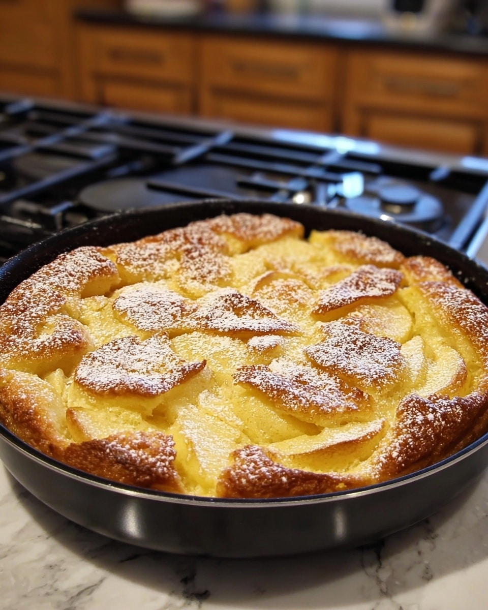 The image shows a baked dish in a black pan, with a golden-brown top layer that is slightly crispy and puffed up, featuring soft, light yellow slices of what looks like apple spread throughout. The surface has a light dusting of powdered sugar sprinkled unevenly on top. The pan is placed on a white marbled surface, with a blurred kitchen background, including black stove grates and wooden cabinets. Photo taken with an iphone --ar 4:5 --v 7
