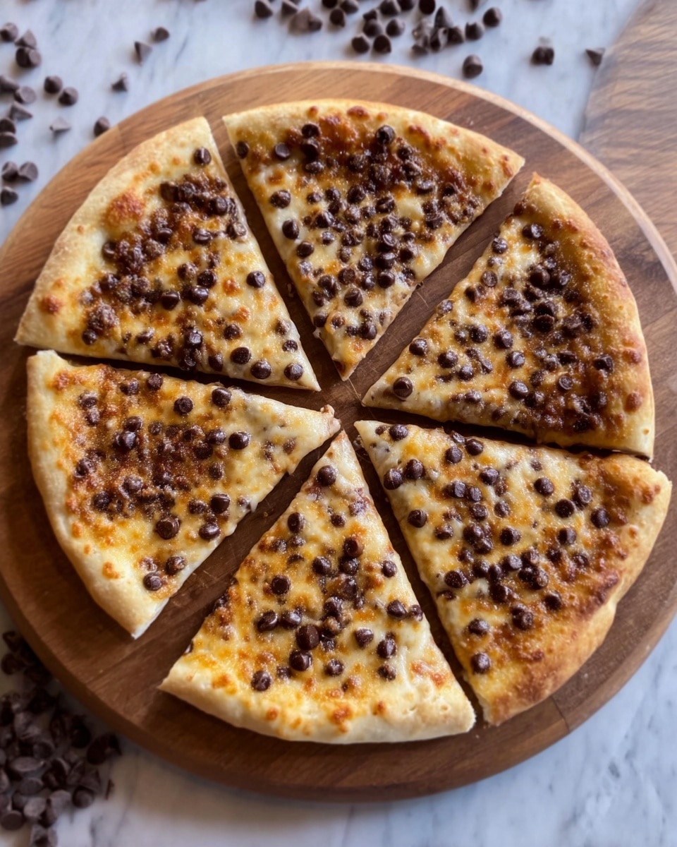 A round pizza cut into eight slices with a light golden crust around the edges. The top layer is covered with melted golden-brown cheese scattered with semi-sweet dark chocolate chips that are slightly melted and glossy. The pizza rests on a round wooden board with some chocolate chips scattered around it. The background surface is a white marbled texture. photo taken with an iphone --ar 4:5 --v 7