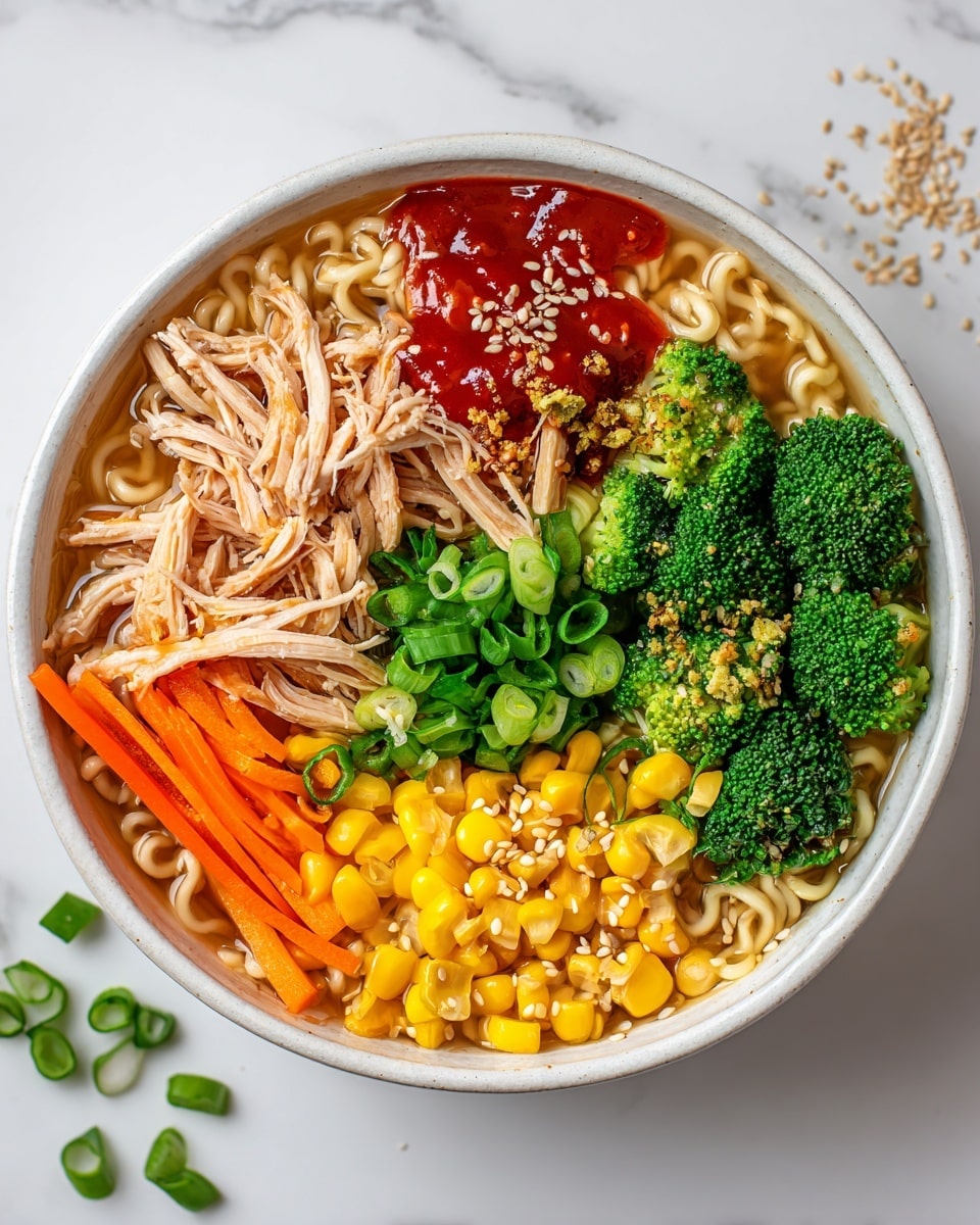 A white bowl filled with ramen noodles at the bottom, soft yellow in color, topped with five distinct sections: bright green broccoli florets at the top right, shredded light brown chicken next to the broccoli on the right, yellow sweet corn sprinkled with green chopped scallions at the bottom right, thin orange carrot strips mixed with light-colored bean sprouts in the bottom left, and a deep red sauce drizzled over the noodles, sprinkled with white sesame seeds and more chopped green scallions scattered across all sections. The bowl is placed on a white marbled surface with scattered green scallions and sesame seeds around. Photo taken with an iphone --ar 4:5 --v 7