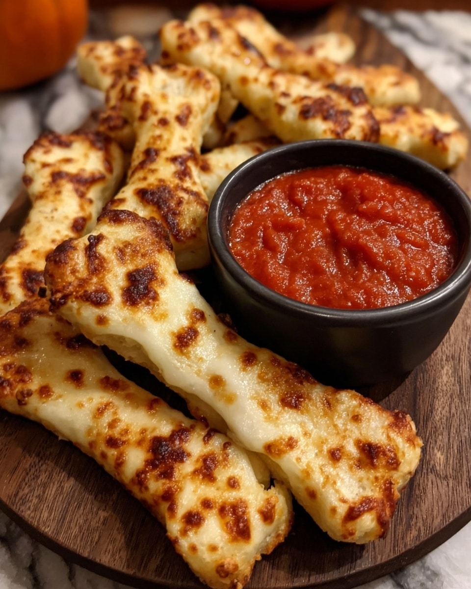 A round white plate holds a stack of eight bone-shaped breadsticks, each covered with a golden-brown melted cheese layer that looks bubbly and slightly crispy on top. The breadsticks have a soft, light beige base with darker browned spots from baking. To the right of the breadsticks, a white bowl filled with thick, textured red marinara sauce sits on the plate. The plate is placed on a white marbled surface. Photo taken with an iphone --ar 4:5 --v 7