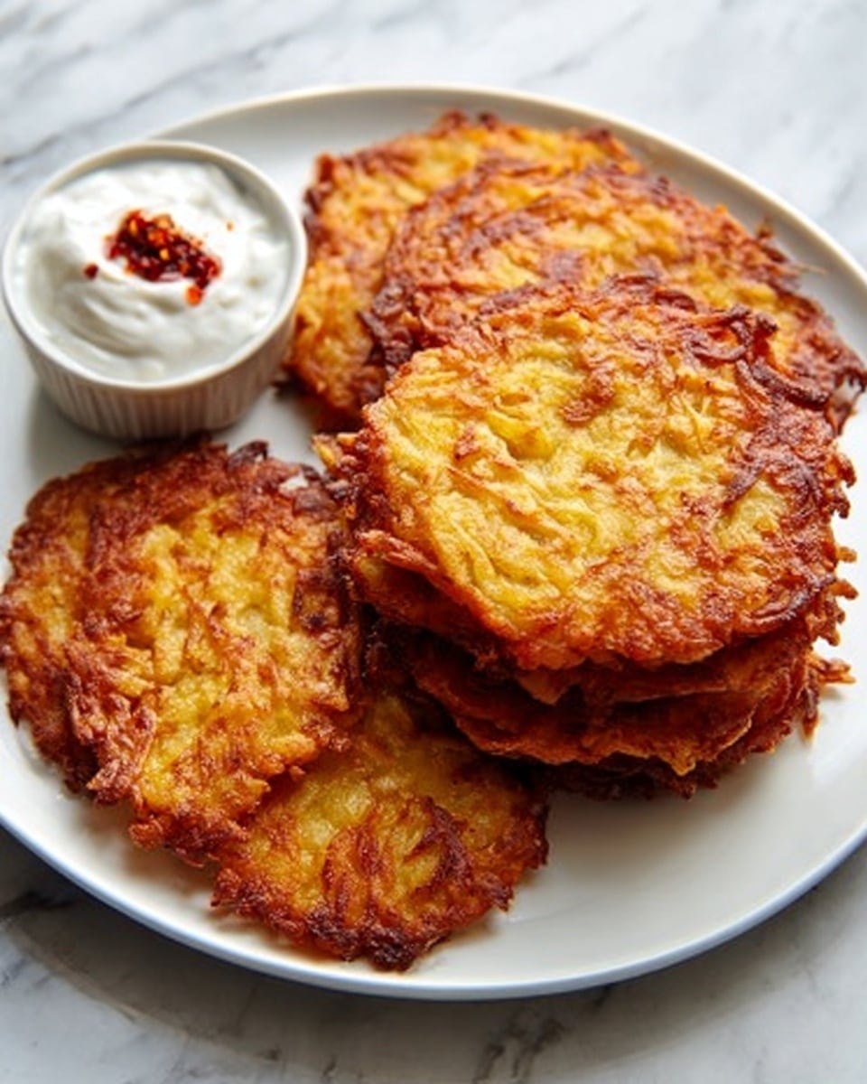 A white plate with a stack of nine golden brown potato latkes showing crispy edges and a rough, textured surface of shredded potatoes, arranged in a slightly overlapping circle. To the top-left on the plate, a small gray bowl holds creamy white sour cream topped with small red chili flakes. The plate rests on a white marbled surface with a few scattered crumbs and red flakes around it. The lighting emphasizes the warm, crisp tones of the latkes, giving a fresh and appetizing look. Photo taken with an iphone --ar 4:5 --v 7
