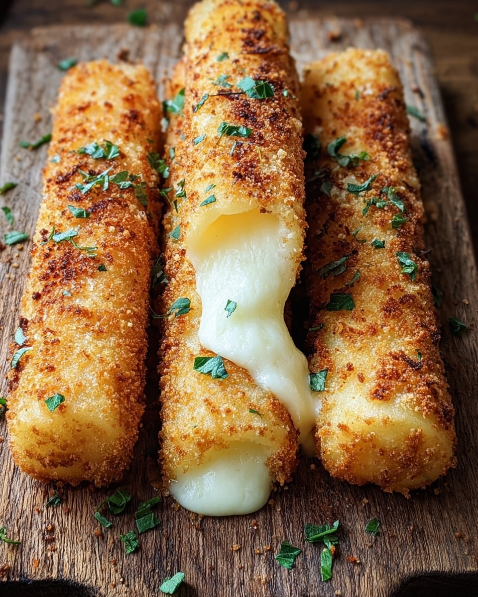Four long, crunchy, golden-brown sticks coated in fine breadcrumbs lay side by side on a rough wooden surface. One stick is open at the end, showing white, soft, melted cheese flowing out. Small green herb leaves are scattered on top and around the sticks, adding fresh color contrast. The sticks have a slightly rough, crispy outside texture with a soft inside visible at the edges. photo taken with an iphone --ar 4:5 --v 7