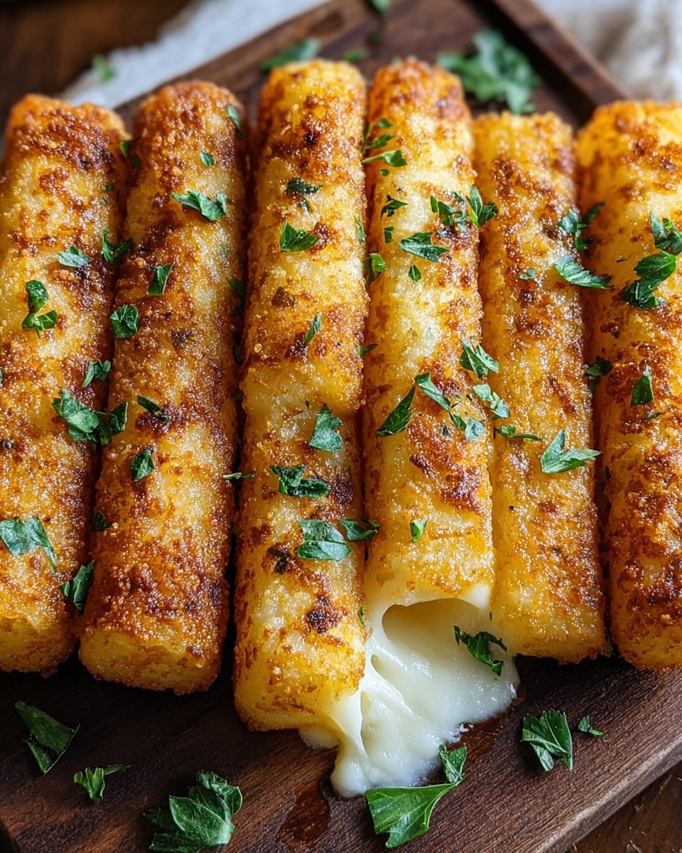 A close-up of seven golden brown fried cheese sticks arranged in a neat row on a dark wooden board placed over a white marbled texture. Each cheese stick has a crispy, bubbling crust on the outside with a rough texture and some parts showing melted cheese oozing out. Fresh green parsley leaves are sprinkled on top and around the sticks, adding a pop of color. The sticks are stacked side by side, all showing a similar size and shape. photo taken with an iphone --ar 4:5 --v 7