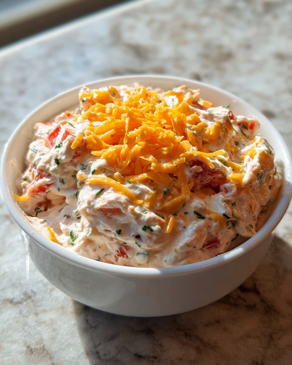 A white bowl filled with a creamy mixture that has visible pieces of red peppers and green herbs spread throughout, giving it a textured look. On top, there is a generous layer of bright orange shredded cheddar cheese scattered evenly, contrasting with the white creamy base. The bowl is set on a white marbled surface that softly reflects light. photo taken with an iphone --ar 4:5 --v 7