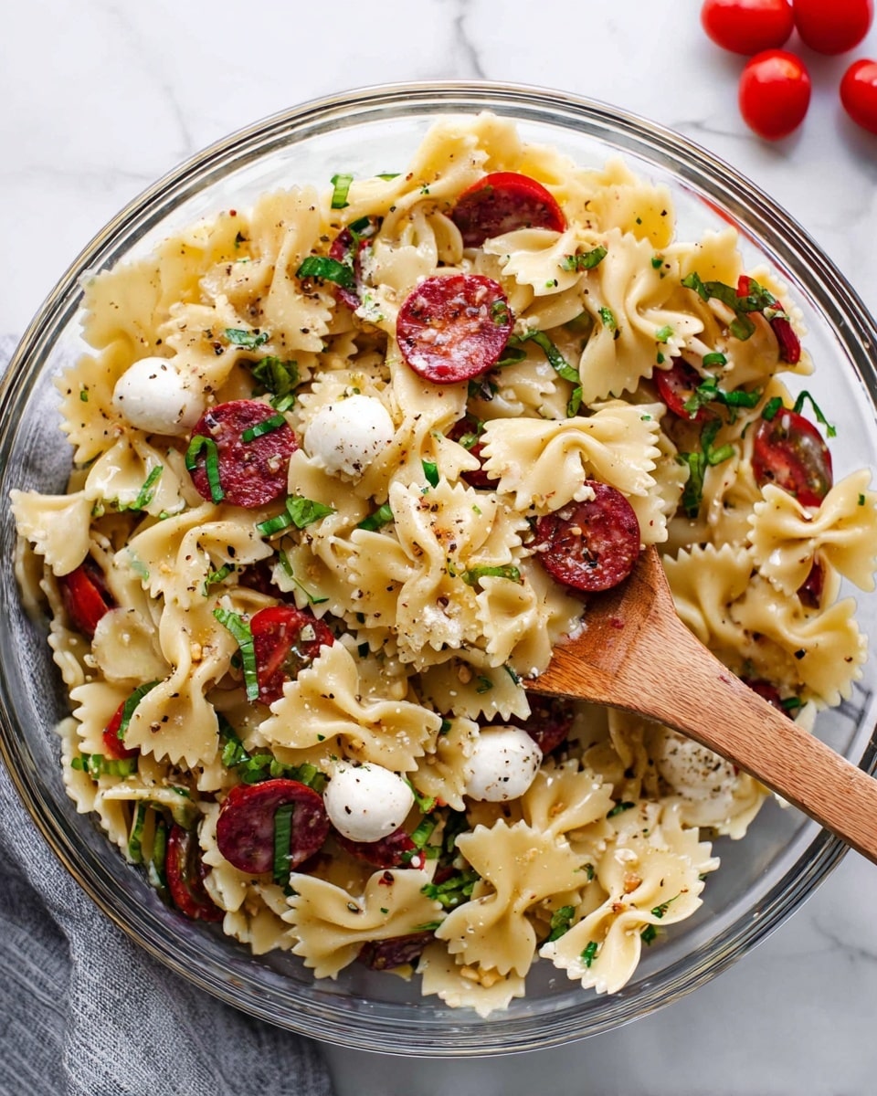 A clear glass bowl filled with three layers of farfalle pasta mixed with small round slices of red sausage, halved bright red cherry tomatoes, white mozzarella balls, and scattered leafy green spinach. The pasta is coated lightly with herbs and seasoning, appearing slightly shiny. A wooden spoon is lifting some of the pasta mixture on the right side, showing the textured edges and folds of the pasta clearly. The bowl rests on a white marbled surface. photo taken with an iphone --ar 4:5 --v 7