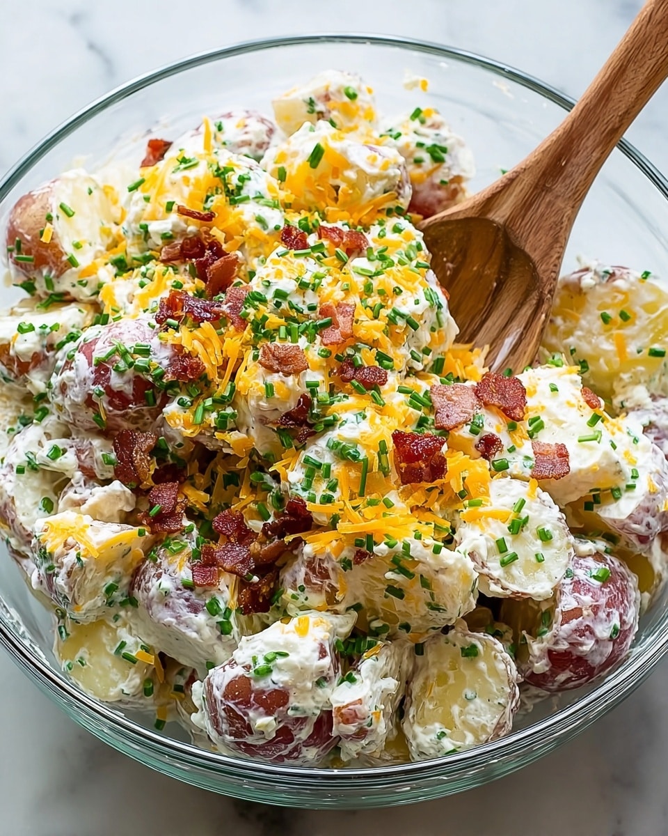 A clear glass bowl filled with chunky potato salad sits on a white marbled texture. The salad has several layers: the base layer is halved small red-skinned potatoes coated with a creamy white dressing, mixed with finely chopped green chives. On top of the potatoes, there is a generous sprinkle of bright orange shredded cheddar cheese, crispy dark brown bacon bits, and extra green chopped chives. A wooden spoon is partially submerged in the salad on the right side, lifting a portion. The overall texture looks creamy with bits of crunch from the bacon and cheese. photo taken with an iphone --ar 4:5 --v 7