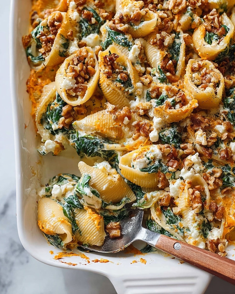 A close-up shot of a baked pasta dish in a white baking dish showing about three layers: the bottom layer has shell pasta mixed with green spinach, the middle layer consists of melted creamy cheese with a light golden brown crust on top, and the top layer is sprinkled with crunchy chopped walnuts and some browned spots from baking, giving a rustic look. A silver fork is partially inside the dish lifting some pasta shells, and the background is a white marbled texture. photo taken with an iphone --ar 4:5 --v 7