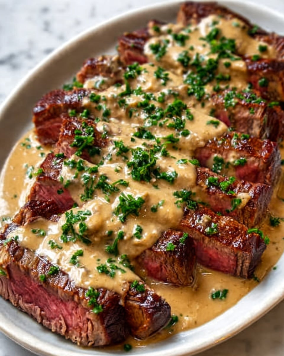 The image shows a white plate filled with several slices of medium-rare steak arranged side by side, each piece topped with a thick layer of creamy beige sauce with a smooth texture. Fresh green chopped herbs are sprinkled generously over the sauce and steak, adding a burst of color. The steak has a rich brown seared outer layer with a pinkish inner color visible on the edges. The plate rests on a white marbled textured surface. photo taken with an iphone --ar 4:5 --v 7