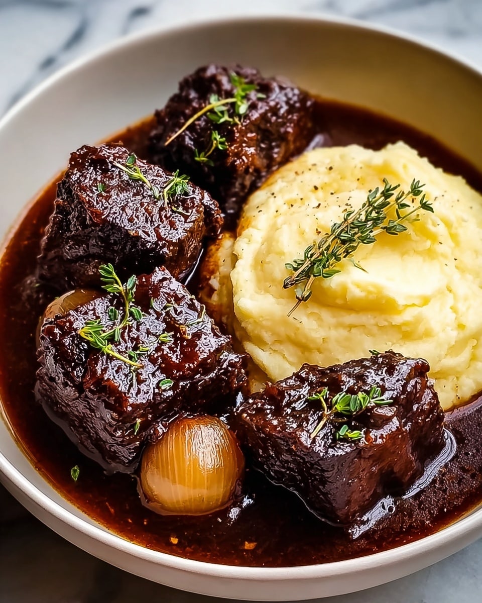 A white bowl holds a dish with two main layers: mashed potatoes as the bottom layer, creamy and smooth with a pale yellow color, shaped in a circular mound; on top are three large, dark brown braised meat chunks with a glossy texture, covered in a rich, shiny brown sauce. Small light brown garlic pieces and green herb sprigs are scattered over the meat and potatoes. The sauce pools around the edges of the mashed potatoes, creating a deep brown base contrast. The bowl sits on a white marbled texture. photo taken with an iphone --ar 4:5 --v 7
