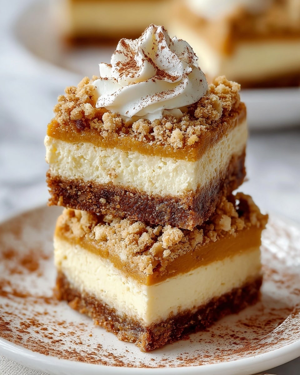 A close-up view of a two-layered square dessert on a white plate with a white marbled texture surface. The bottom layer is a crumbly base mixed with nuts, light brown in color with chunks visible. Above it is a thick, creamy white layer with a smooth texture. The next layer is a richer, darker brown layer, again with nut pieces embedded, giving a coarse texture. The topmost layer is a golden caramel-like spread with small nut crumbs scattered on it. A swirl of white whipped cream sits on top, dusted lightly with cocoa powder. Crumbs and cocoa powder are scattered around the plate, adding to the rustic look. Photo taken with an iphone --ar 4:5 --v 7