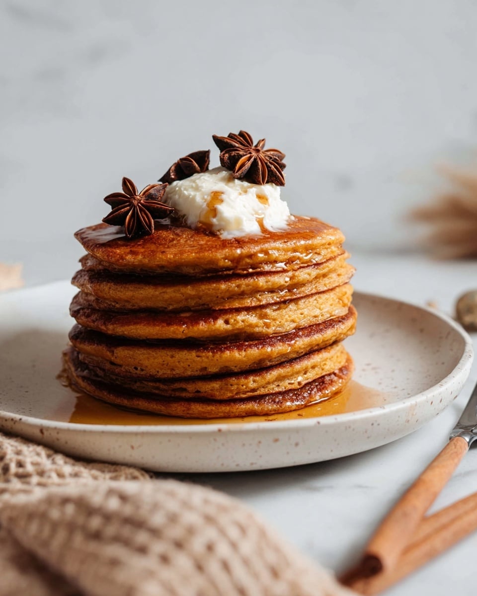 A stack of five thick golden-brown pancakes sits on a white plate with a subtle speckled edge, placed on a white marbled surface. The pancakes have a light, fluffy texture with slightly crispy edges. On top of the stack, there is a dollop of creamy white butter slowly melting, with amber syrup dripping down the sides of the pancakes. Two dark brown star anise pieces add a decorative touch, one placed on the top and the other beside the plate. In the foreground, a beige woven cloth and wooden-handled cutlery are softly blurred. Photo taken with an iphone --ar 4:5 --v 7