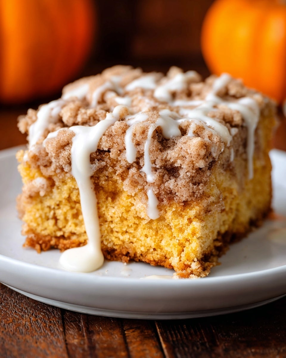 A close-up of a thick slice of crumb cake on a white plate, showing two main layers: a golden orange bottom layer that looks moist and soft, topped with a light brown crumbly streusel layer that is coarse and textured. White glaze drips generously over the crumb topping, creating a smooth contrast. The plate sits on a rustic brown wooden surface, with a blurred orange pumpkin in the background adding a warm, autumn feel. Photo taken with an iphone --ar 4:5 --v 7