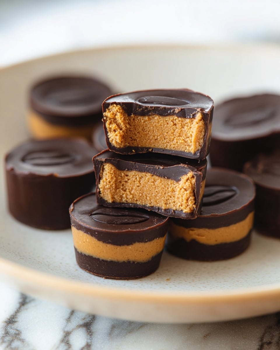 The image shows a group of small, round candies arranged on a white plate with a smooth texture. Each candy has three visible layers: a dark brown, glossy chocolate layer on the bottom, a thick middle layer of rich, light brown peanut butter with a slightly crumbly texture, and another thin top layer of dark chocolate with a smooth, shiny finish that has a coffee bean-like shape embossed on it. One candy is cut in half and stacked, revealing the creamy and gritty texture of the middle peanut butter layer clearly between the glossy chocolate layers. The background features a white marbled texture, and the overall focus is on the center candy, with the others softly blurred in the background. photo taken with an iphone --ar 4:5 --v 7