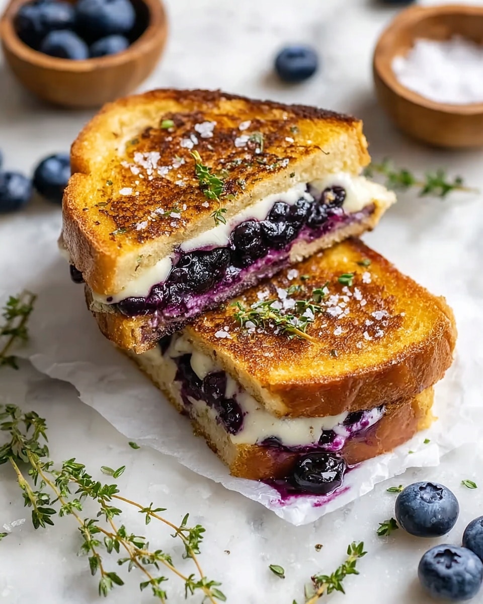 A grilled sandwich cut in half, showing two layers: the outer layer is golden brown toasted bread with a slightly crispy texture, topped with coarse sea salt and sprigs of fresh green thyme; the inner layer has melted creamy white cheese and a thick spread of dark purple blueberries, some whole and some slightly oozing. The sandwich is placed on white marbled texture, surrounded by fresh blueberries and small thyme leaves, with two small wooden bowls nearby, one containing blueberries and the other coarse salt. photo taken with an iphone --ar 4:5 --v 7
