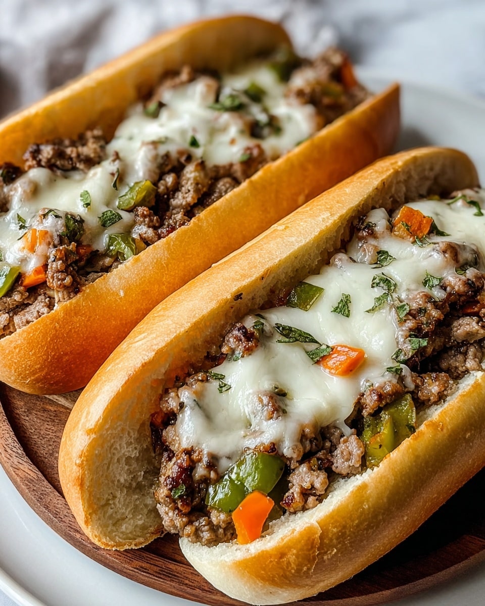 Two sandwiches are placed on a round white plate, which sits on a white marbled texture. Each sandwich has a soft, golden brown bun sliced open lengthwise. Inside the buns, there is a layer of cooked ground beef mixed with small pieces of green and orange bell peppers and sprinkled with green herbs. Melted white cheese covers the beef and vegetables, adding a creamy texture. The sandwiches are shown close up, capturing the moist and rich look of the filling and the soft texture of the bread. photo taken with an iphone --ar 4:5 --v 7