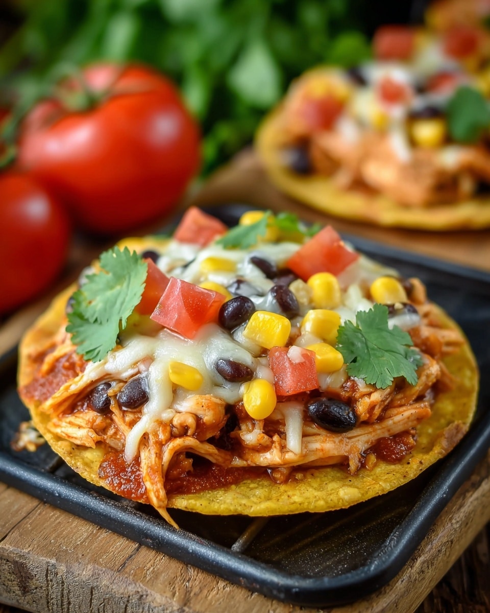 A crispy yellow corn tostada base topped with shredded cooked chicken in a reddish sauce, melted white and yellow cheese, scattered whole black beans, bright yellow corn kernels, and chunks of fresh red tomato, garnished with fresh green cilantro leaves; the tostada sits on a black wire rack over a wooden table with some tomatoes and cilantro in the background, all on a white marbled texture surface. photo taken with an iphone --ar 4:5 --v 7