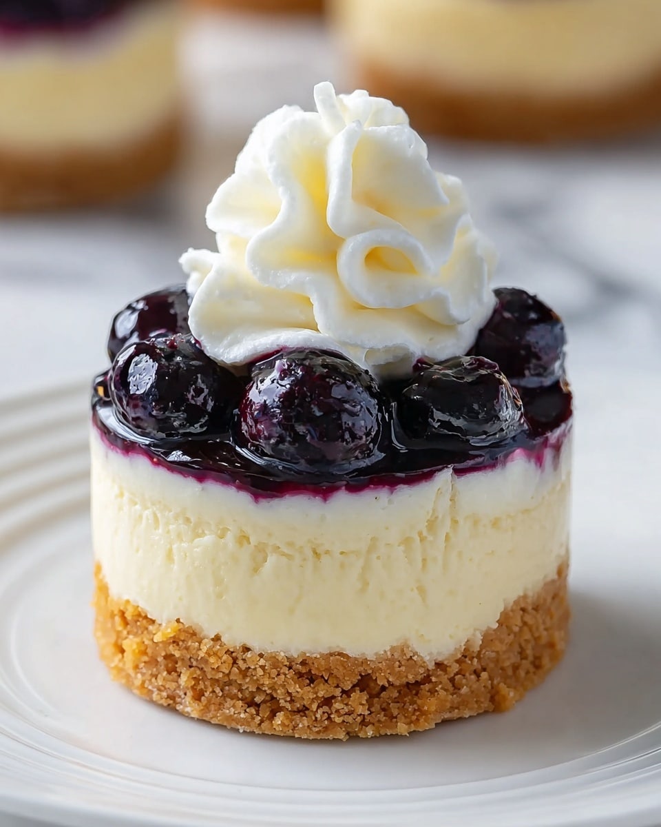 The dessert is a small, round cheesecake with three clear layers. The bottom layer is a crumbly, light brown crust made of crushed biscuits. Above it is a creamy, pale yellow cheesecake layer with a smooth texture. The top layer is a shiny, dark purple blueberry topping with whole blueberries visible, glistening with syrup. On top of the blueberry layer is a swirl of soft, white whipped cream, adding height and contrast to the dessert. The cheesecake sits on a white plate with gentle ridges, all placed on a white marbled surface. photo taken with an iphone --ar 4:5 --v 7