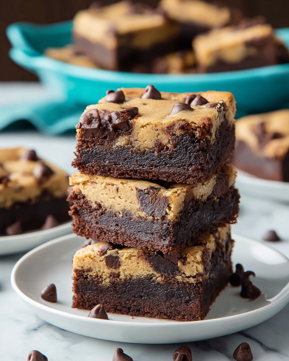 The image shows a stack of four chocolate chip cookie brownies on a white plate placed on a white marbled surface. Each brownie has two distinct layers: the bottom layer is dark brown and fudgy, while the top layer is a light golden cookie dough with chocolate chips scattered throughout, some partially melted. The edges of the brownies are cleanly cut, and the top layer has a slightly cracked texture with visible chocolate chips embedded in it. In the background, a white bowl holds more brownies, and the lower part of the image shows several individual square brownies with the same two-layer pattern spread out on a white marbled surface. photo taken with an iphone --ar 4:5 --v 7