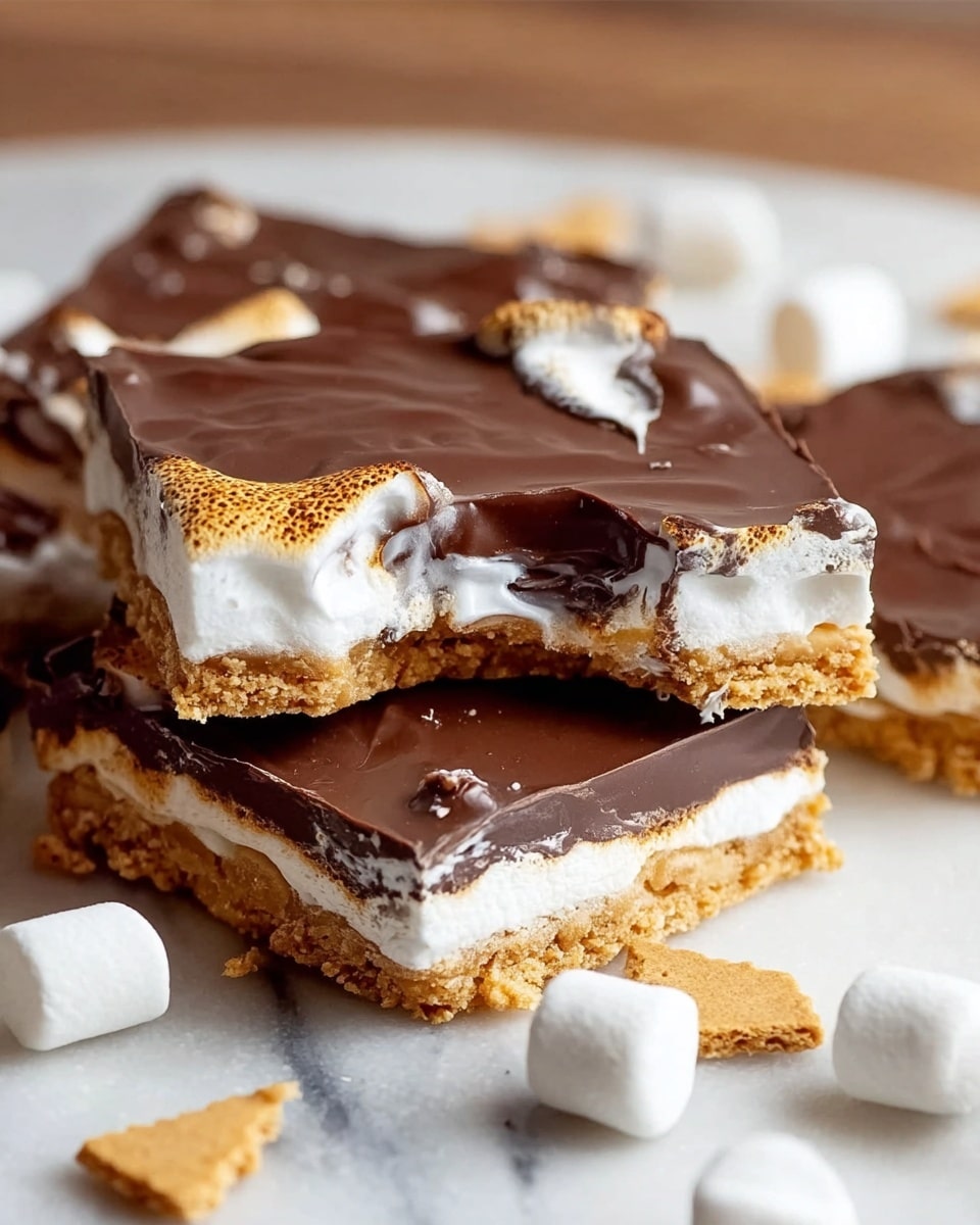 The image shows a close-up of a s'mores bar cut into squares. Each piece has three visible layers: a bottom layer made of light golden crunchy graham cracker, a thick middle layer of soft white marshmallow, and a top layer of smooth, slightly cracked dark brown melted chocolate. One square has a bite taken out of it, revealing the gooey marshmallow oozing out. A few loose mini marshmallows and small graham cracker pieces are scattered around on a white marbled surface. photo taken with an iphone --ar 4:5 --v 7