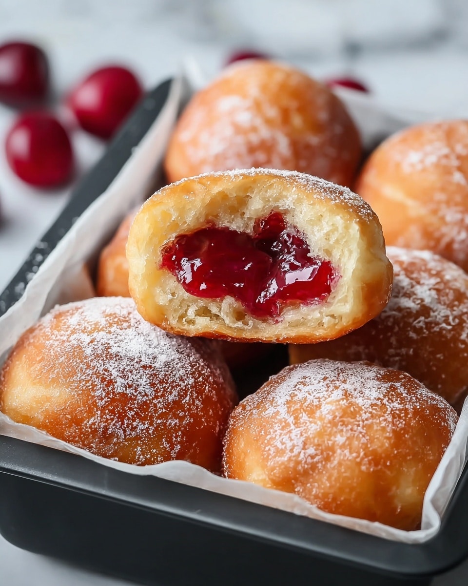The image shows a group of round, golden brown doughnuts placed inside a black baking tray lined with white parchment paper. Each doughnut has a light dusting of powdered sugar on its slightly crispy surface. One doughnut is cut open and placed on top of another, revealing a bright red, glossy, and thick cherry filling inside, with a jam-like texture that contrasts with the soft outer dough. The background displays some out-of-focus red cherries against a white marbled surface. photo taken with an iphone --ar 4:5 --v 7