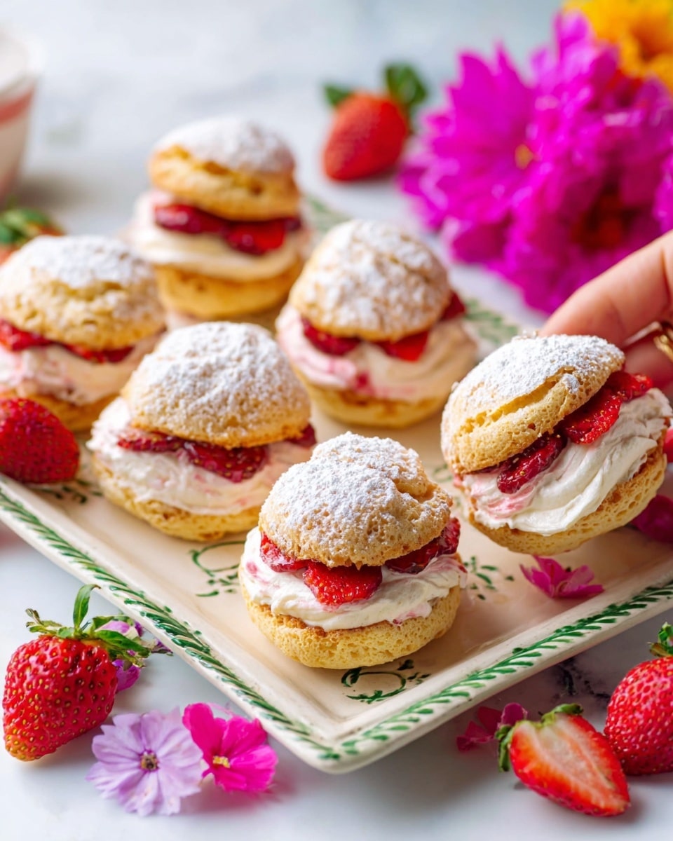 The image shows a white rectangular plate with a green decorative edge, holding five round cream puffs arranged in two rows. Each cream puff has two layers: the bottom layer is golden brown and slightly crispy, while the top layer is dusted with powdered sugar. Between the layers is a thick layer of white cream mixed with fresh red strawberries, some visible in pieces. Around the plate are whole red strawberries and bright pink flowers scattered on a white marbled surface, adding color contrast. A woman's hand is holding one cream puff near the front. Photo taken with an iphone --ar 4:5 --v 7