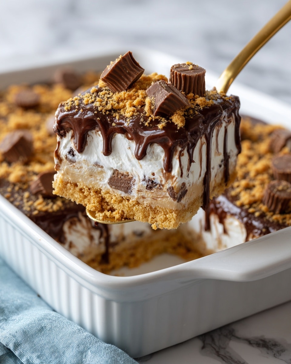 A white rectangular baking dish holds a layered dessert with four clear layers: the bottom is a golden, crumbly crust, above it is a thick white cake layer with some chocolate chunks, followed by a smooth, light brown peanut butter layer, and topped with a rich dark chocolate drizzle mixed with a crumbly golden streusel. On top of the dessert, there are scattered small pieces of peanut butter cups adding texture and color. A spoon with a golden handle lifts a portion showing all four layers clearly, against a white marbled surface with a soft blue cloth nearby. photo taken with an iphone --ar 4:5 --v 7