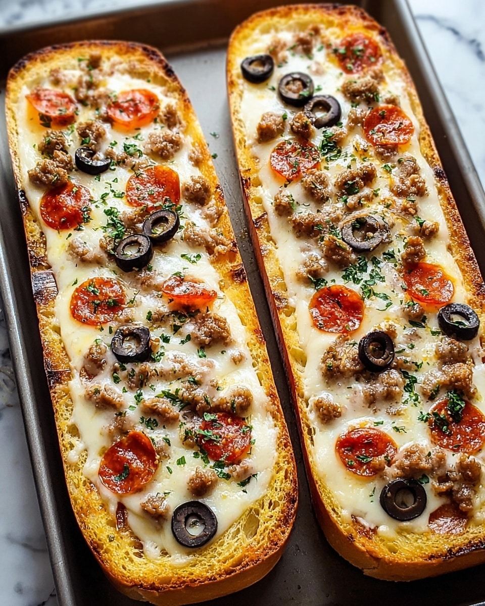 Two long toasted bread slices lie side by side on a baking tray. Each slice has a base layer of melted creamy white cheese, topped with small browned sausage pieces scattered evenly, along with bright red mini pepperoni slices and black olive rounds placed on top. A light sprinkle of chopped green herbs adds a fresh touch across the melted cheese. The bread edges are golden and crisp, contrasting with the soft cheese and toppings inside. The tray rests on a white marbled surface. photo taken with an iphone --ar 4:5 --v 7