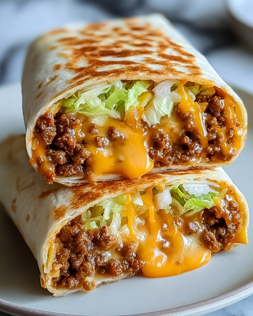 A close-up of two stacked burrito halves filled with multiple layers, resting on a white marbled surface. The outer layer is a golden toasted tortilla with light brown spots. Inside, the first layer is a creamy, light orange cheese sauce with visible chunks of melted bright orange cheddar cheese. Below this, there is a layer of cooked ground beef, dark brown and crumbly in texture. Under the beef, there is a fresh layer of light green shredded lettuce and small pieces of white chopped onion, adding crispness and contrast to the warm ingredients. The layers are thick and packed tightly, highlighting the rich and fresh ingredients inside the burritos. Photo taken with an iphone --ar 4:5 --v 7