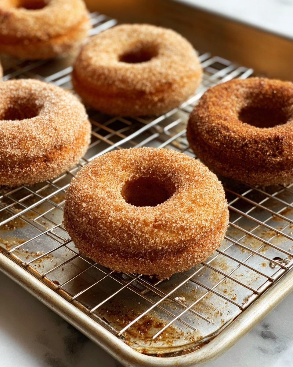 The image shows several golden-brown donuts covered in a coarse sugar and cinnamon layer, placed on a silver cooling rack. Each donut has a round shape with a hole in the middle and the sugar coating makes the surface look grainy and textured. The cooling rack sits on a baking tray with some baked-on marks and the whole setup is on a white marbled texture surface. The lighting highlights the sugar crystals and the warm tones of the donuts. Photo taken with an iphone --ar 4:5 --v 7