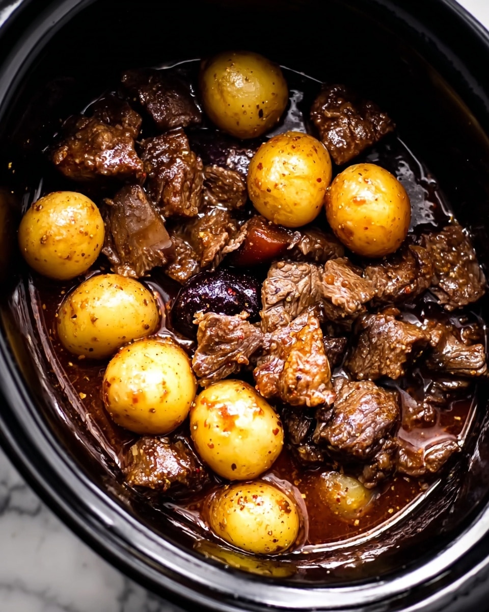 The image shows a close-up of a stew with two main layers: at the bottom, there is a shiny dark brown sauce with a glossy texture, and on top, there are chunks of tender beef in various shades of brown, some with a slightly crispy exterior and others softer looking. Interspersed among the beef pieces are several small, round yellow potatoes with specks of seasoning and a smooth, slightly shiny surface. The food is inside a black slow cooker with some light reflecting on the edges, all set against a white marbled texture background. photo taken with an iphone --ar 4:5 --v 7