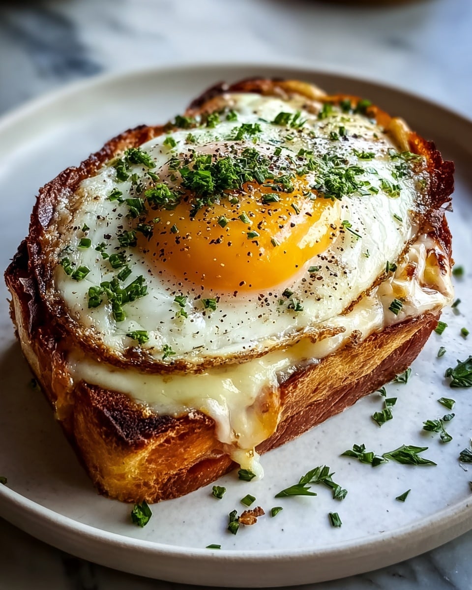 A close-up of a toasted thick slice of bread with a golden-brown crust at the bottom, topped with a layer of melted creamy white cheese that drips slightly over the edge. On top of the cheese is a perfectly cooked fried egg with a glossy, slightly runny orange yolk in the center, surrounded by white egg edges that are crisp and browned. The egg is sprinkled with small green herb pieces and cracked black pepper, adding texture and color contrast. The dish is served on a white plate placed on a white marbled surface. Photo taken with an iphone --ar 4:5 --v 7