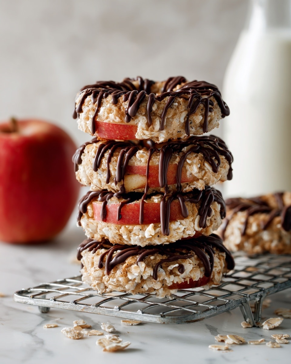 A stack of four apple ring cookies sits on a metal rack over a white marbled surface. Each cookie is made of a round, thick apple slice with red skin, layered with a rough-textured topping that looks like shredded coconut mixed with a light brown mixture. The top layer is decorated with dark brown chocolate drizzles that run unevenly across the surface and slightly drip down the edges. In the background, there is a whole shiny red apple to the left and a clear glass bottle of milk to the right, both resting on the white marbled surface. photo taken with an iphone --ar 4:5 --v 7