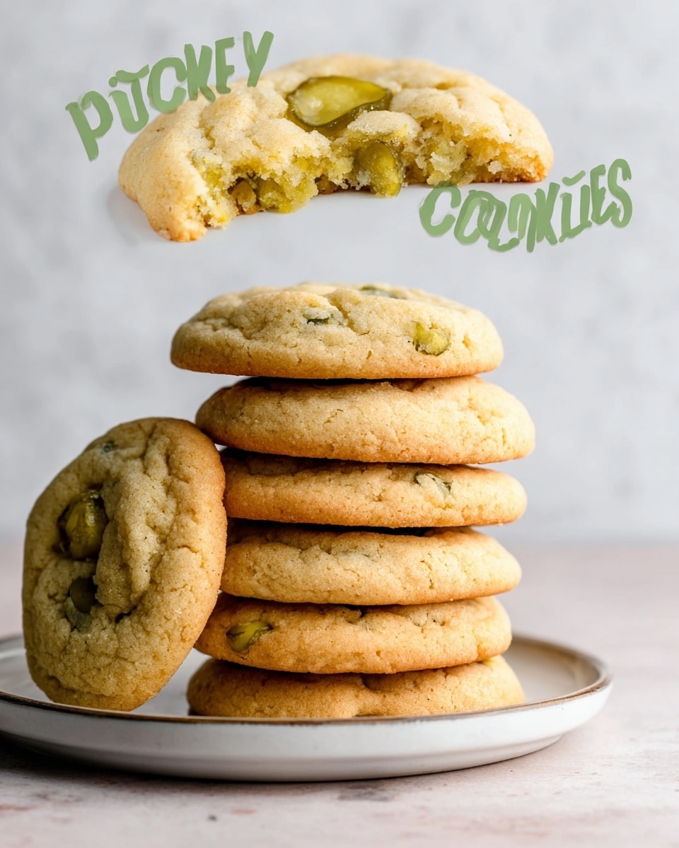 A stack of six golden brown cookies, soft and slightly cracked on the surface, sits on a white plate with a slight rim edge on a white marbled texture. The cookies have visible small, chunky greenish-yellow pickle pieces embedded in the dough. One cookie leans on the side of the stack, showing the slightly chewy texture and green pickle bits inside. Another cookie is broken in half, lying flat on the surface, revealing the dense but soft inside with embedded pickle chunks. The background is a white marbled texture, and above the stack is a close-up of one cookie with visible pickle pieces inside its soft, cracked top layer. The image has soft lighting and a clean, simple composition. Photo taken with an iphone --ar 4:5 --v 7