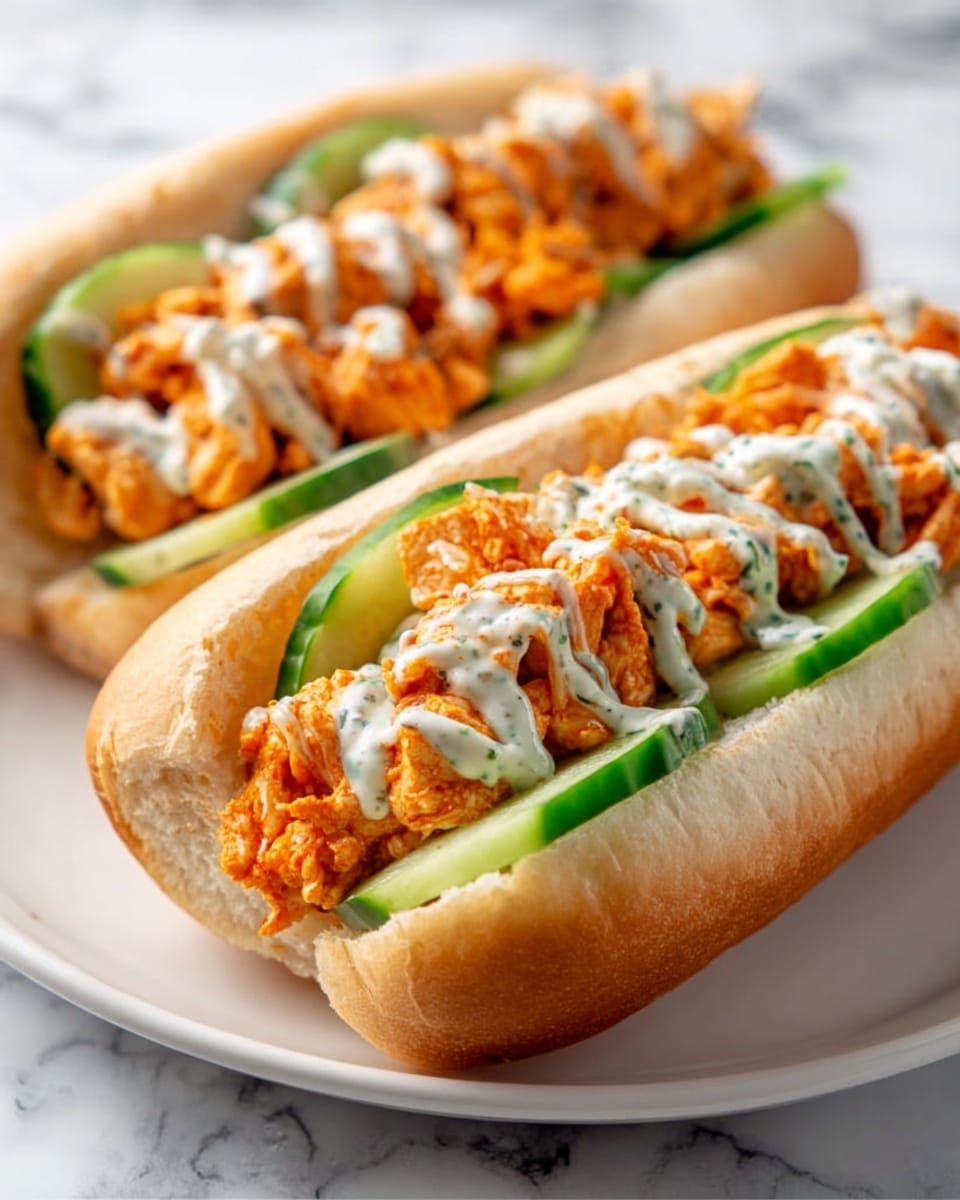 The image shows two long sandwich rolls on a white plate, placed on a white marbled surface. Each sandwich has a soft, light brown bun with a smooth texture. Inside the buns, the first layer is fresh green slices of cucumber evenly spread out. On top of the cucumber, there is a layer of chunky orange chicken pieces mixed with bits of sauce, creating a slightly moist texture. The sandwiches are finished with a drizzle of creamy white sauce in a crisscross pattern over the chicken. Photo taken with an iphone --ar 4:5 --v 7